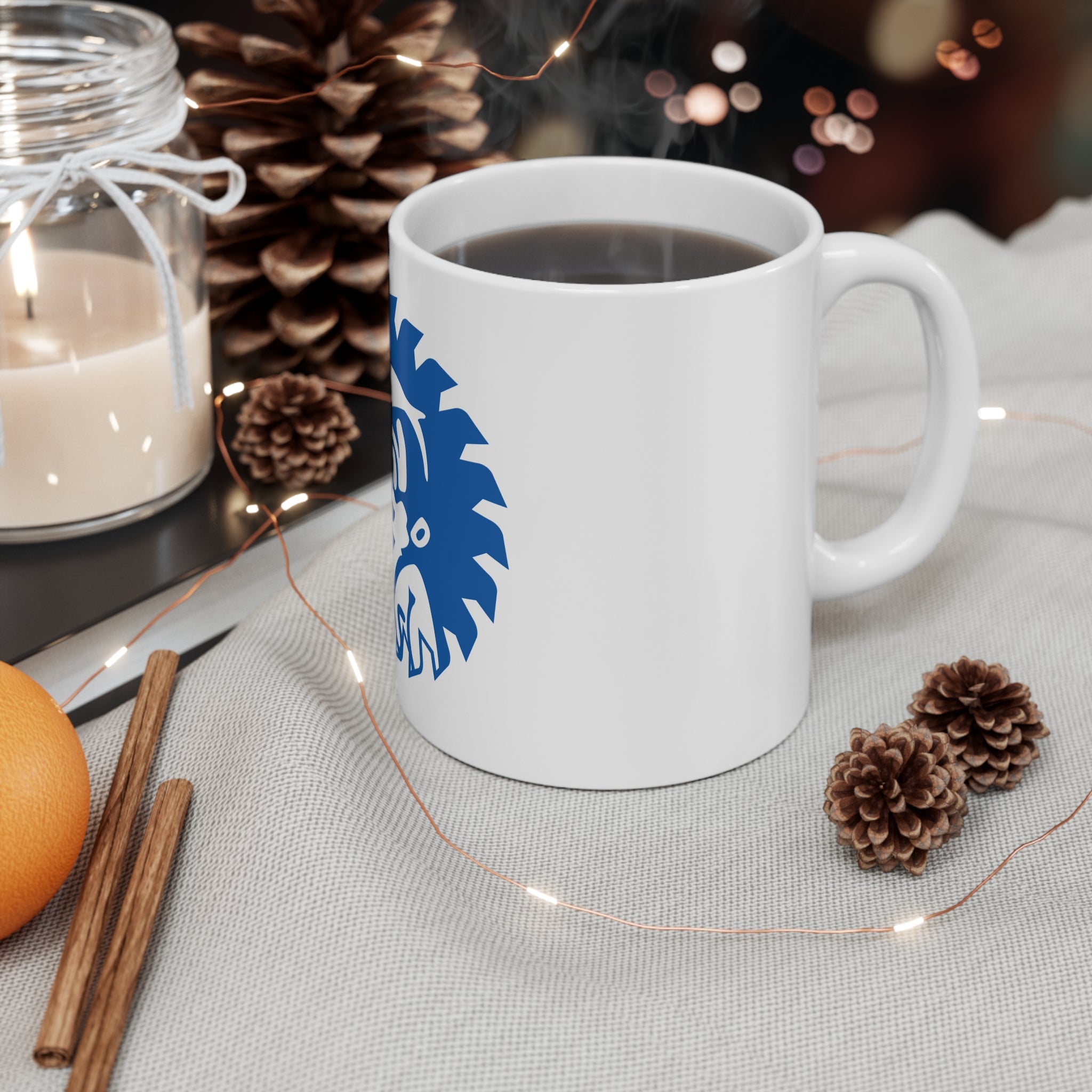 Blue Lumberjack Sawblade Mug — Retro Woodcutter Coffee Cup