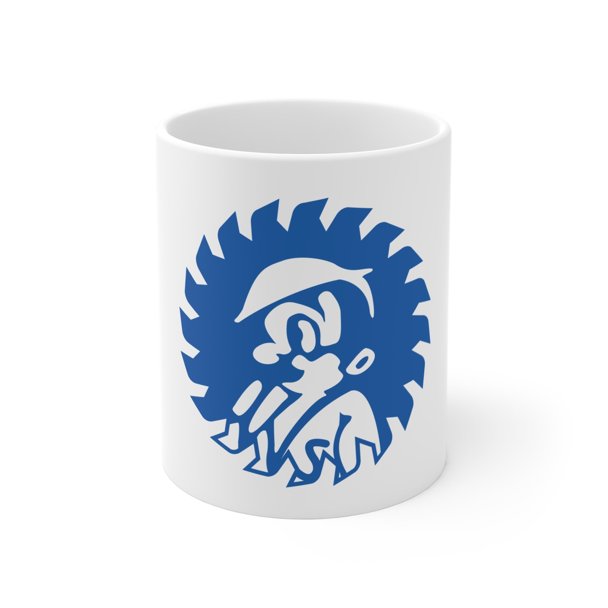 Blue Lumberjack Sawblade Mug — Retro Woodcutter Coffee Cup