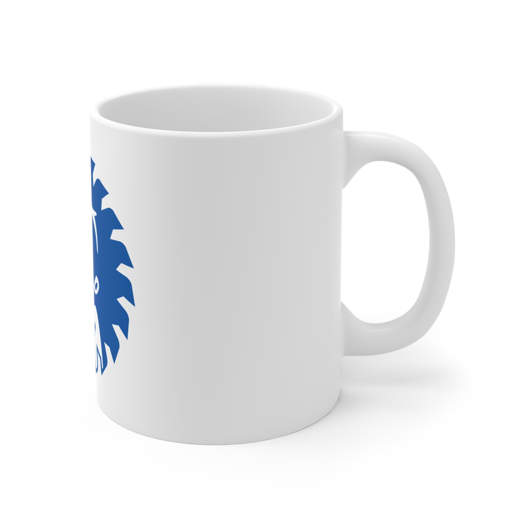 Blue Lumberjack Sawblade Mug — Retro Woodcutter Coffee Cup
