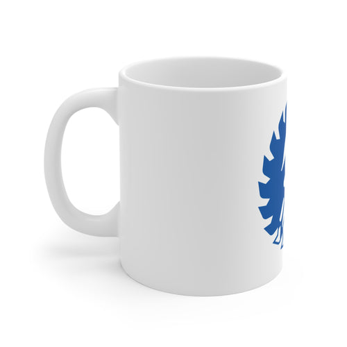Blue Lumberjack Sawblade Mug — Retro Woodcutter Coffee Cup